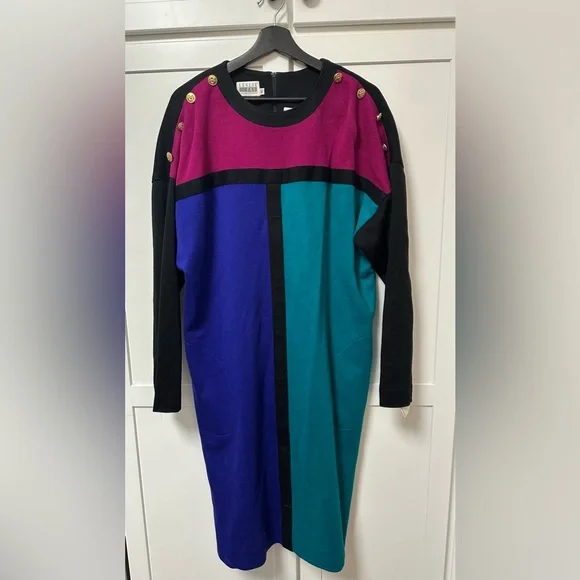 NWT Vintage Leslie Fay Colorblock Dress with Gold Button Accents - Picture 1 of 11
